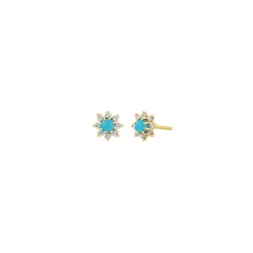 14k Prong Turquoise & Diamond Flower Studs