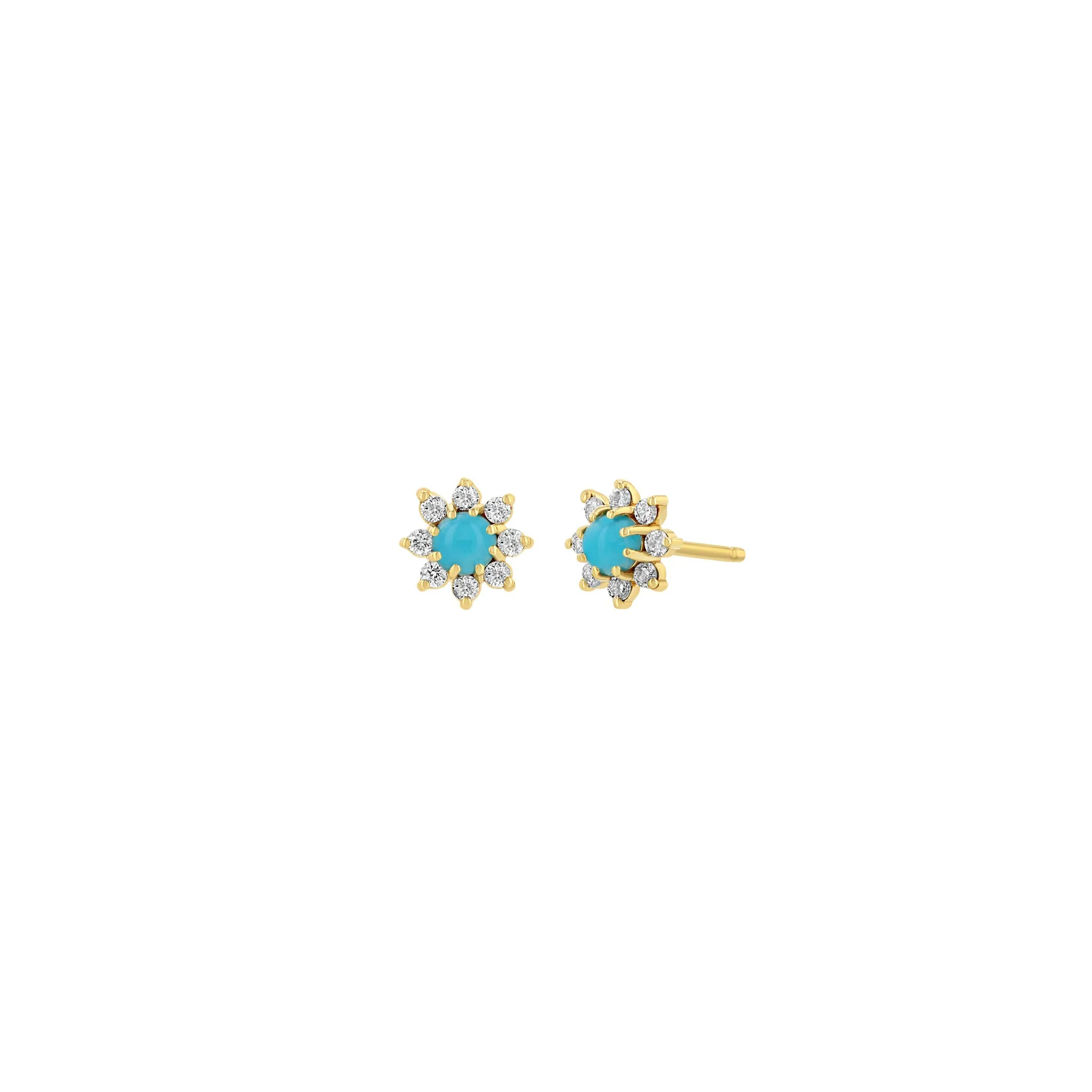 14k Prong Turquoise & Diamond Flower Studs