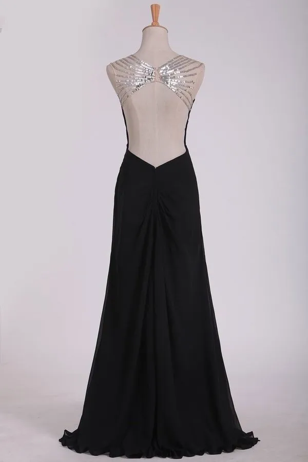 2024 Sexy Open Back Prom Dresses Straps Sheath Chiffon With Beads PBRLJFC8