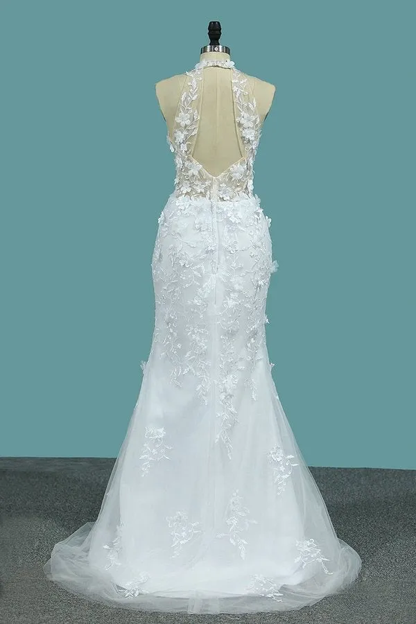 2024 Wedding Dresses V Neck Mermaid Tulle With Applique And PL65QQLP