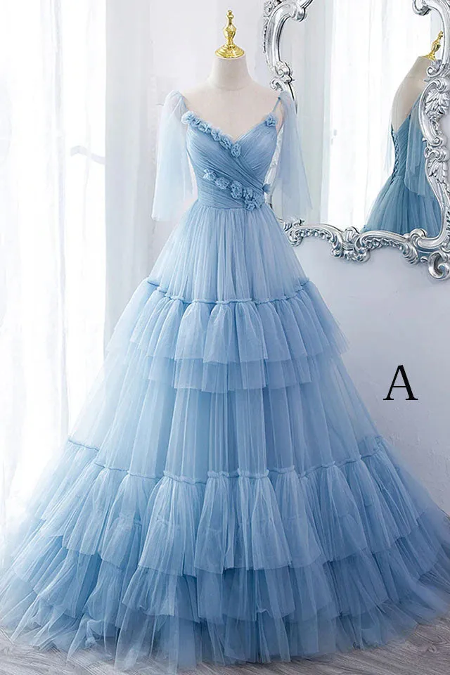 A Line V Neck New Style Tiered Long Tulle Prom Dress, Evening Gown with Flower