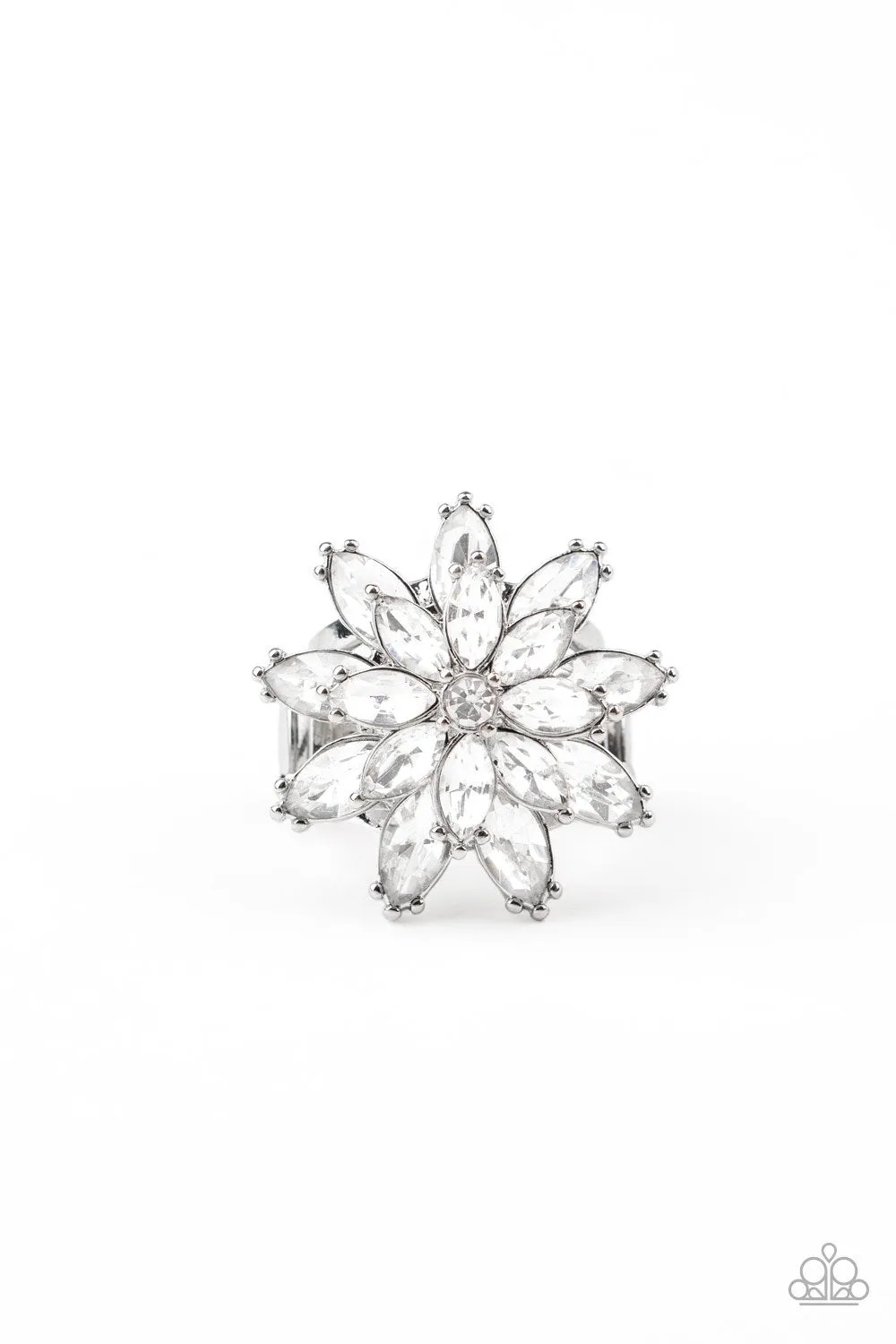 Am I GLEAM-ing White Rhinestone Flower Ring - Paparazzi Accessories