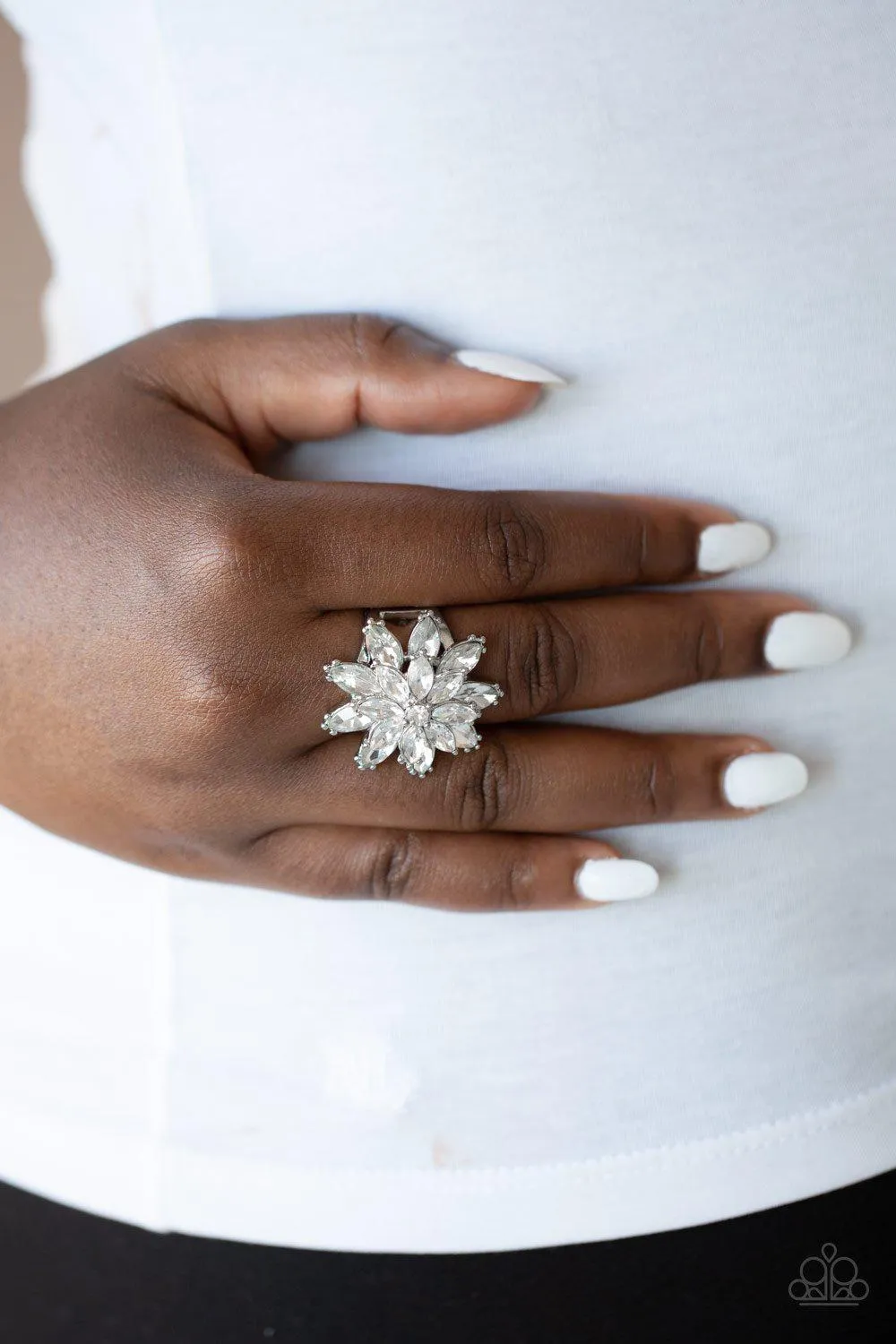 Am I GLEAM-ing White Rhinestone Flower Ring - Paparazzi Accessories