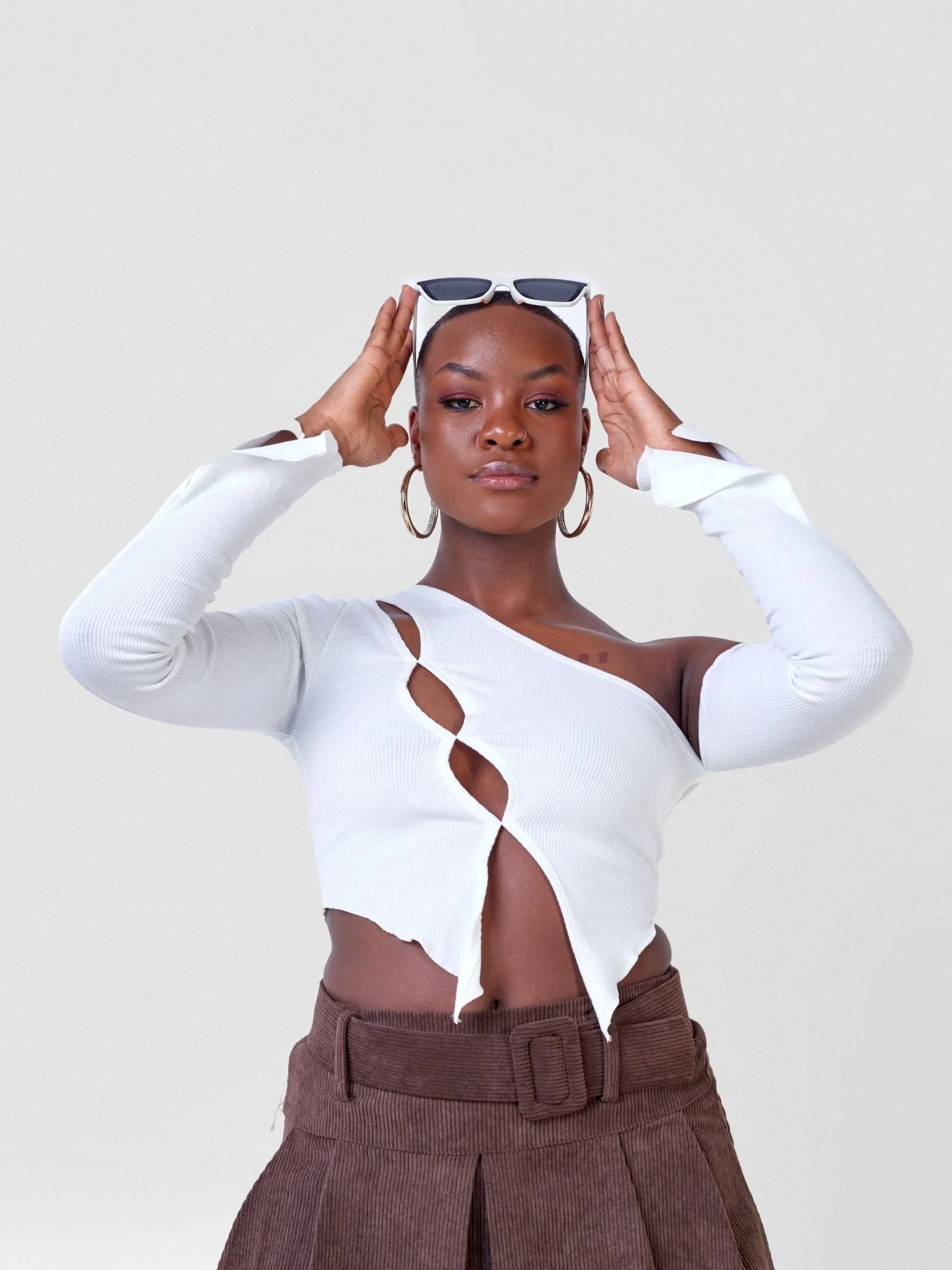 Anika Long Sleeved Asymmetrical Cutout Crop Top - White