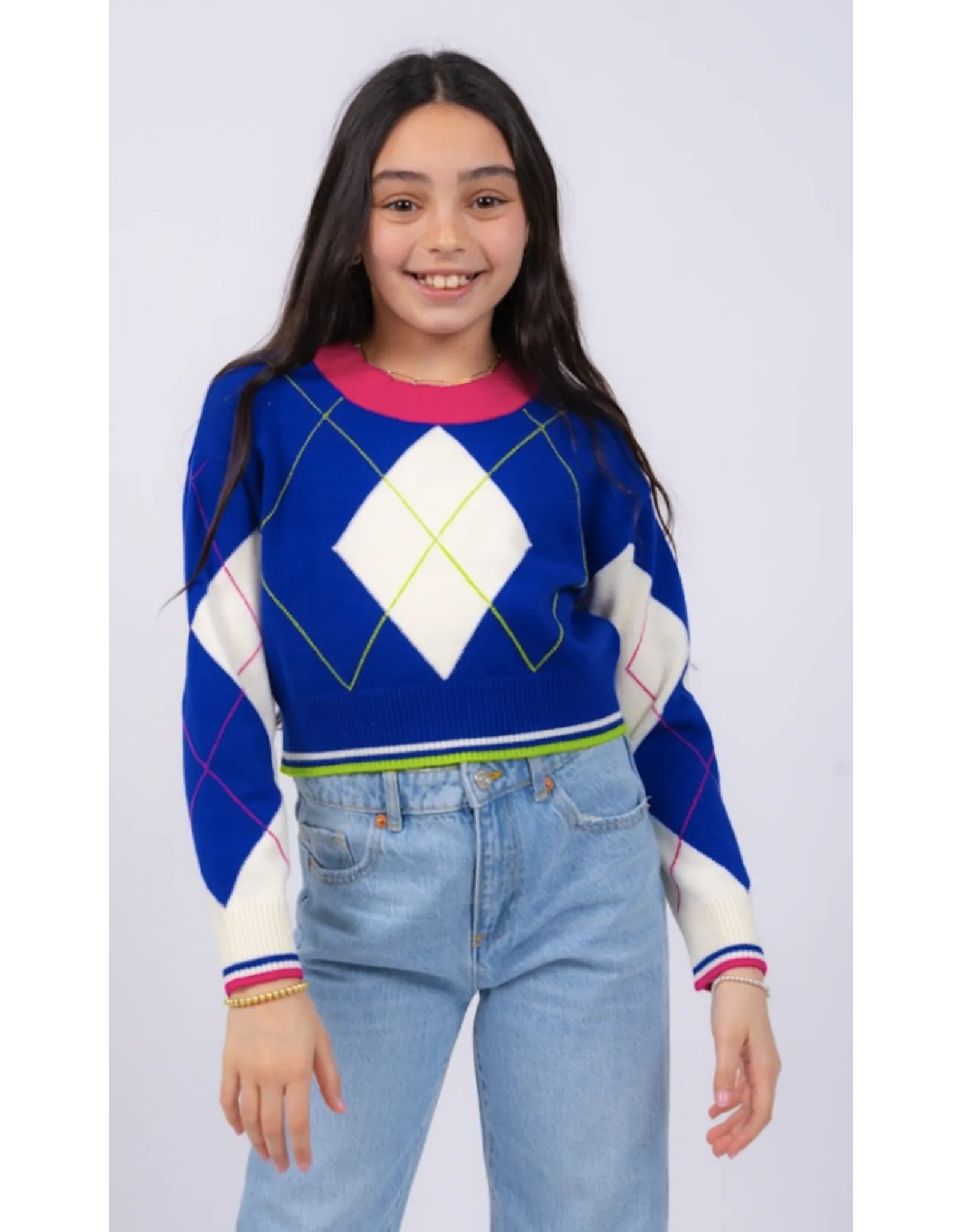 Aron Cobalt Multi Argyle Crop Crew Sweater