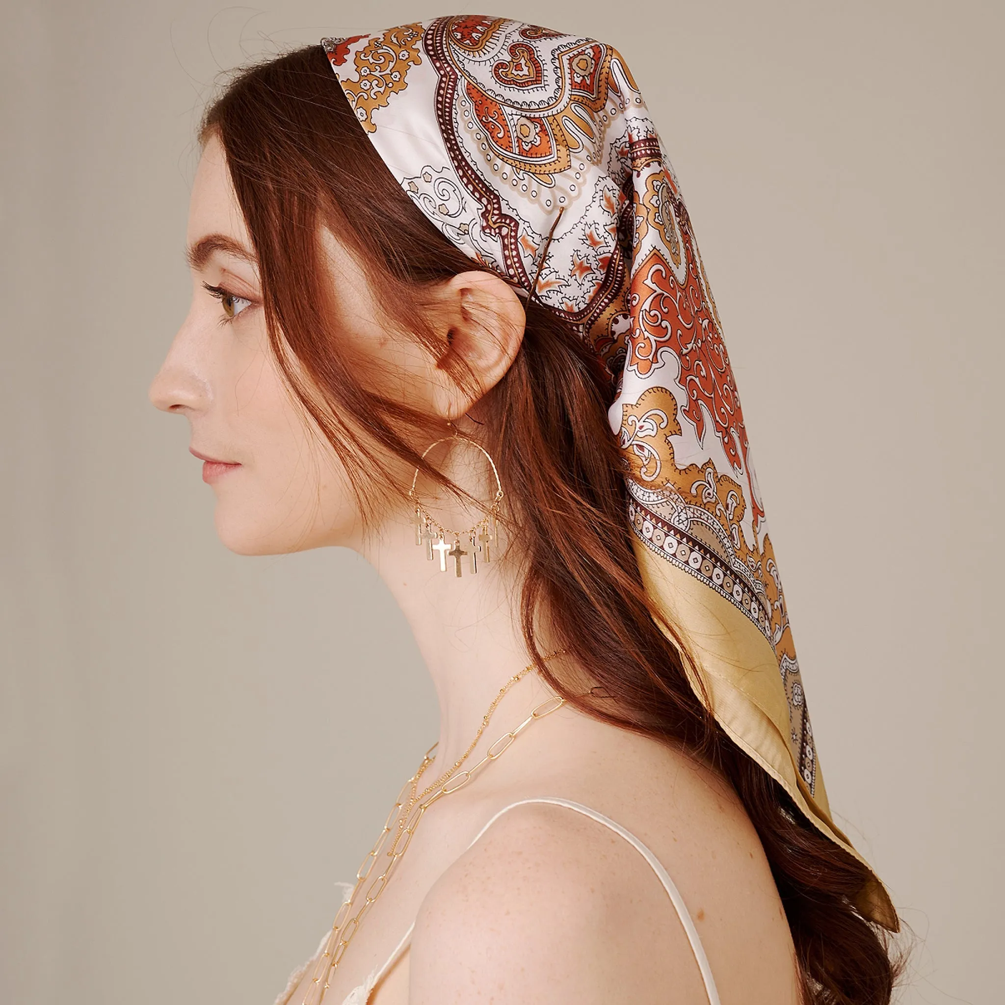 Avenue Zoe Multi Pattern Printed Silky Bandana Scarf in Tan Brown and Copper