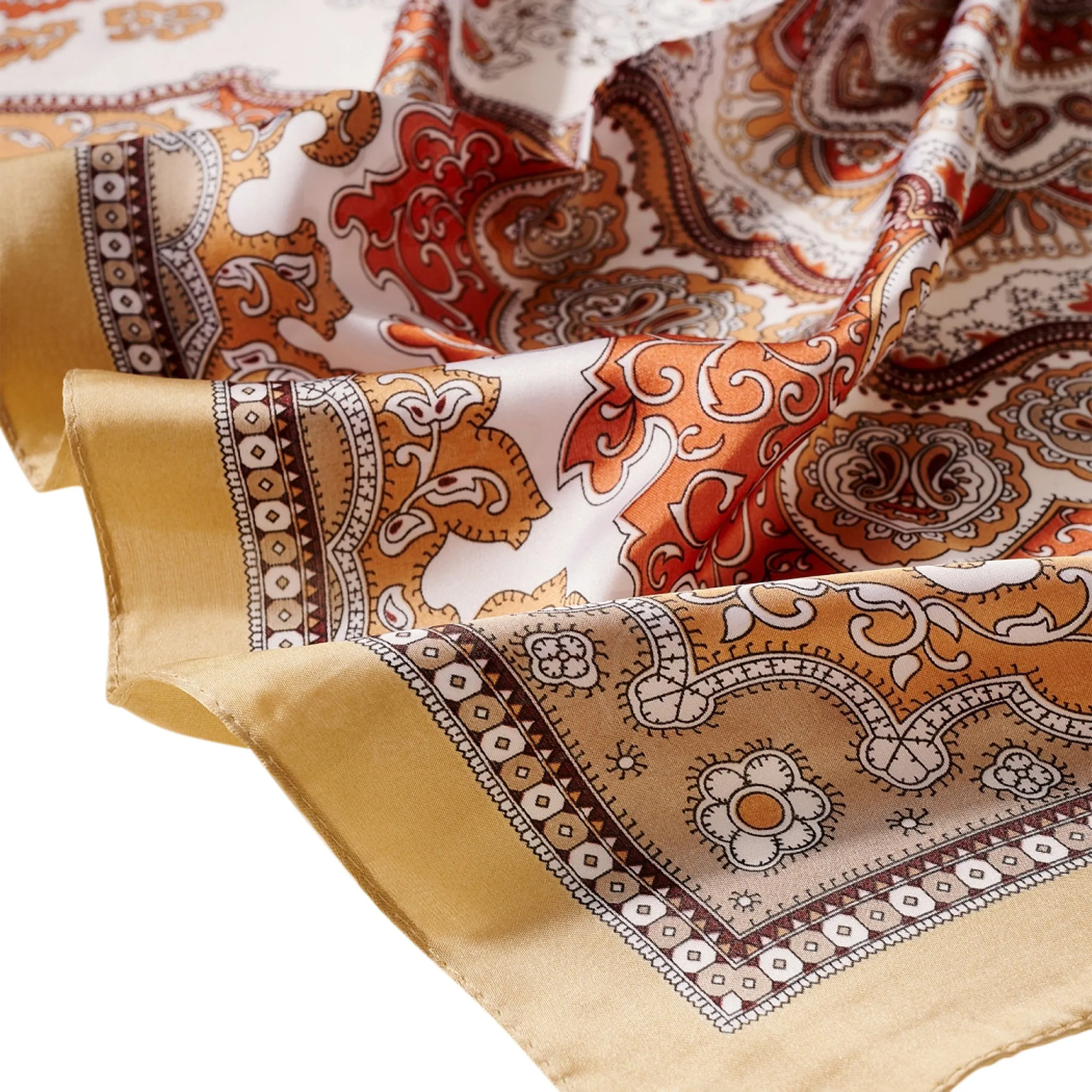 Avenue Zoe Multi Pattern Printed Silky Bandana Scarf in Tan Brown and Copper