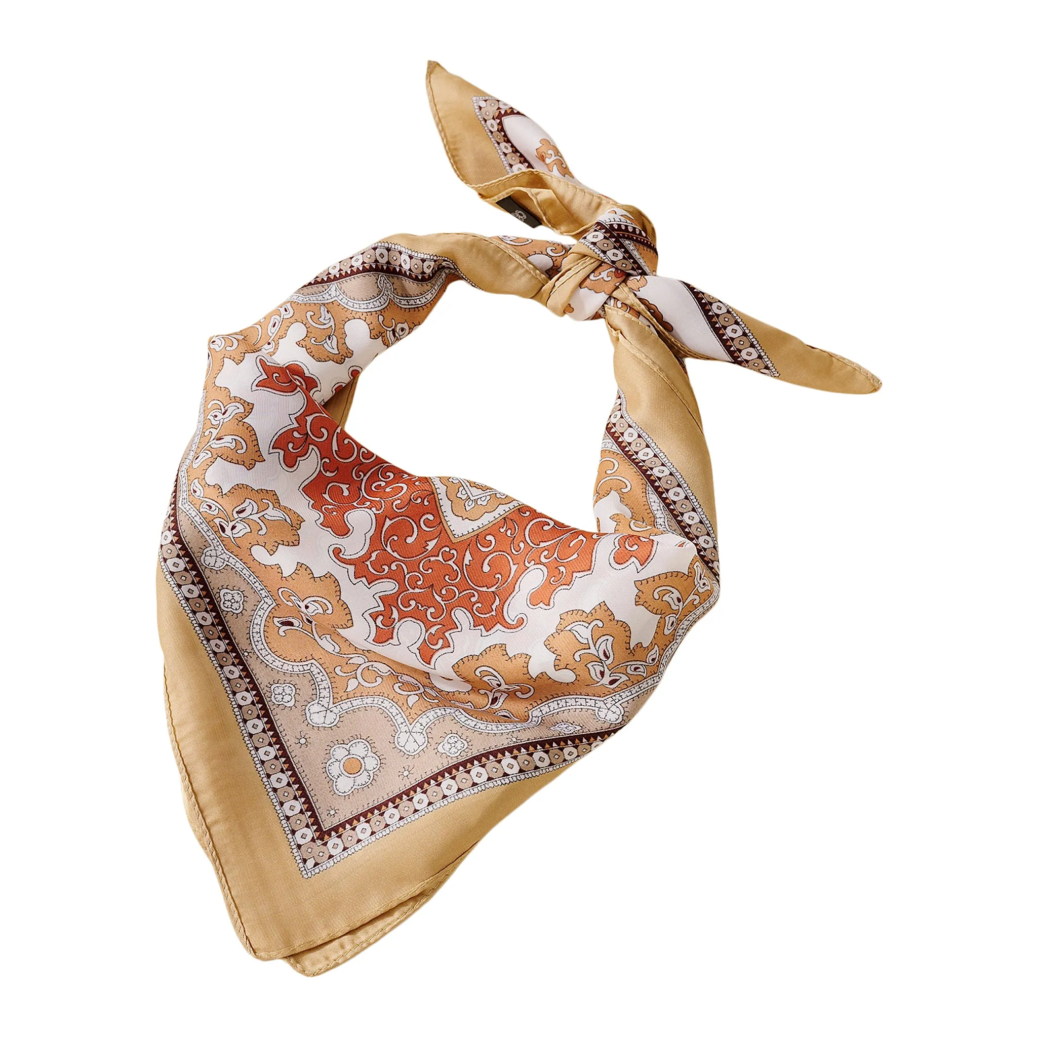 Avenue Zoe Multi Pattern Printed Silky Bandana Scarf in Tan Brown and Copper