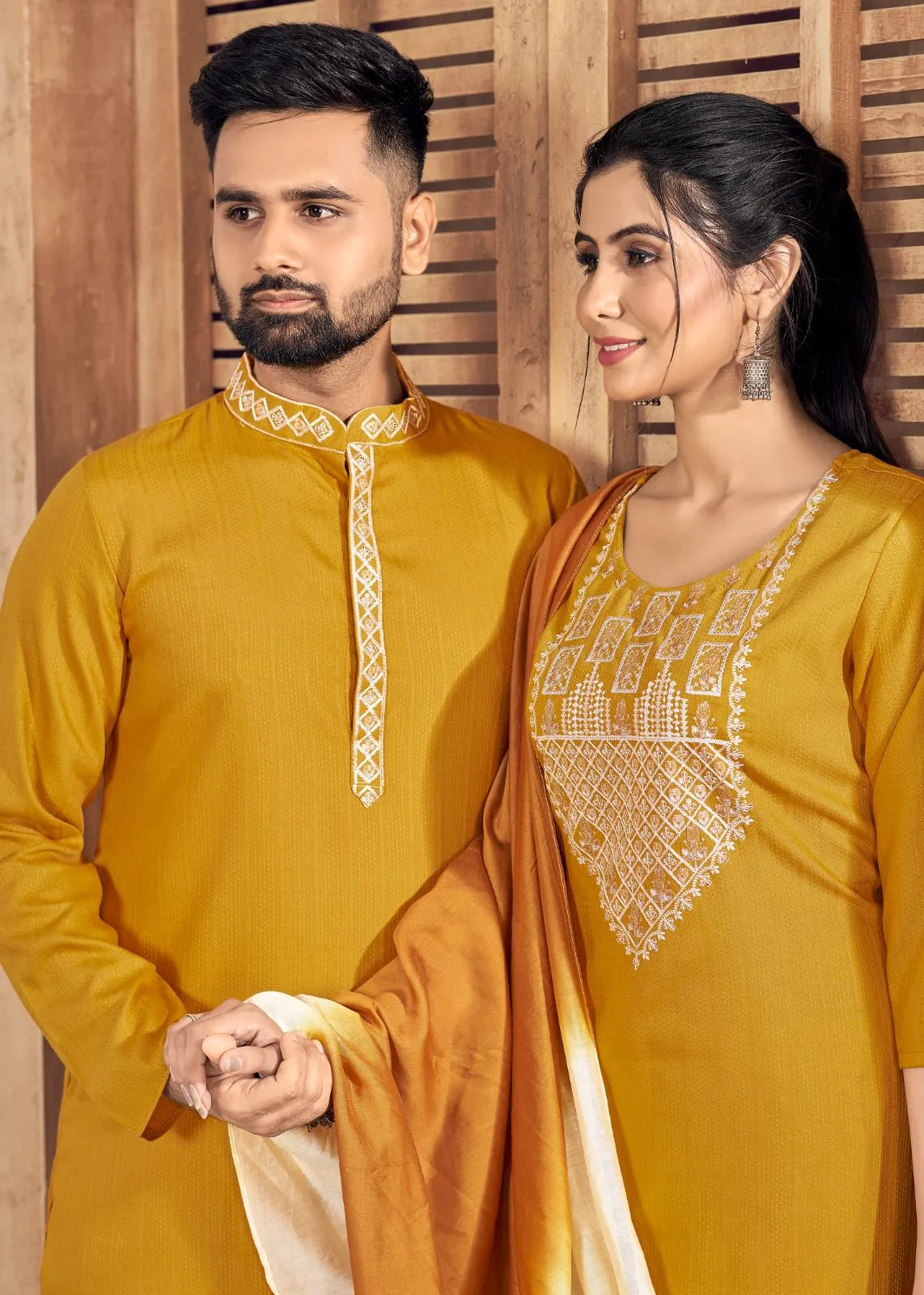 Beautiful Couple Wear Yellow Same Matching Outfits Set