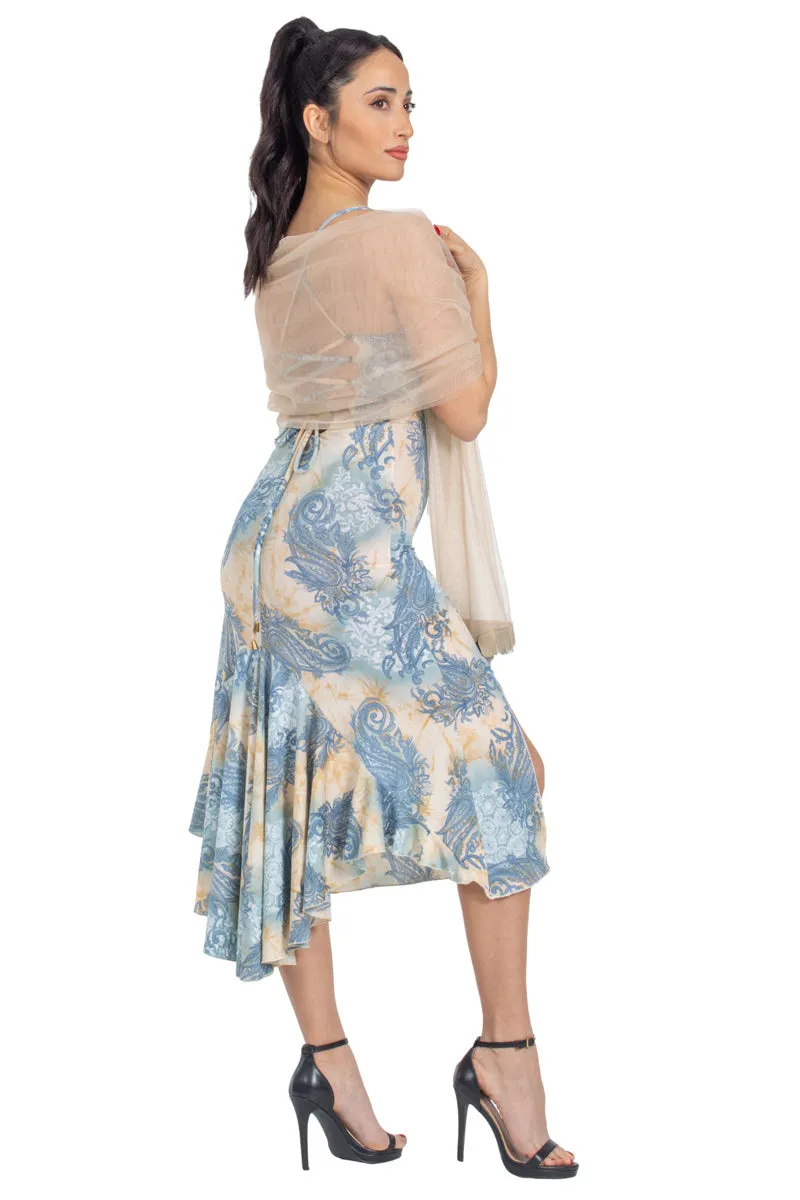 Beige & Blue Abstract Paisley Print Lace-up Tango Dress