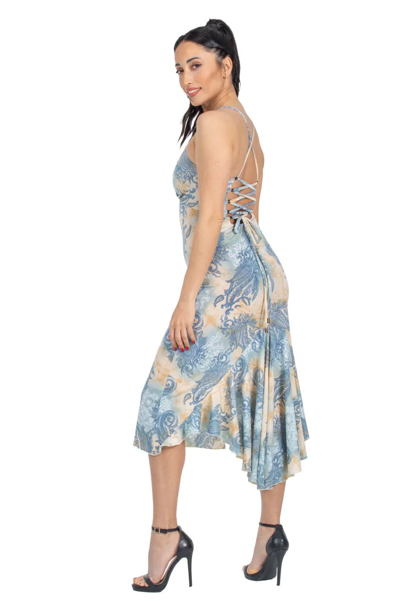 Beige & Blue Abstract Paisley Print Lace-up Tango Dress