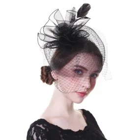 Black Beaded Flower Pillbox Fascinator Hat with Netted Veil and Feathers