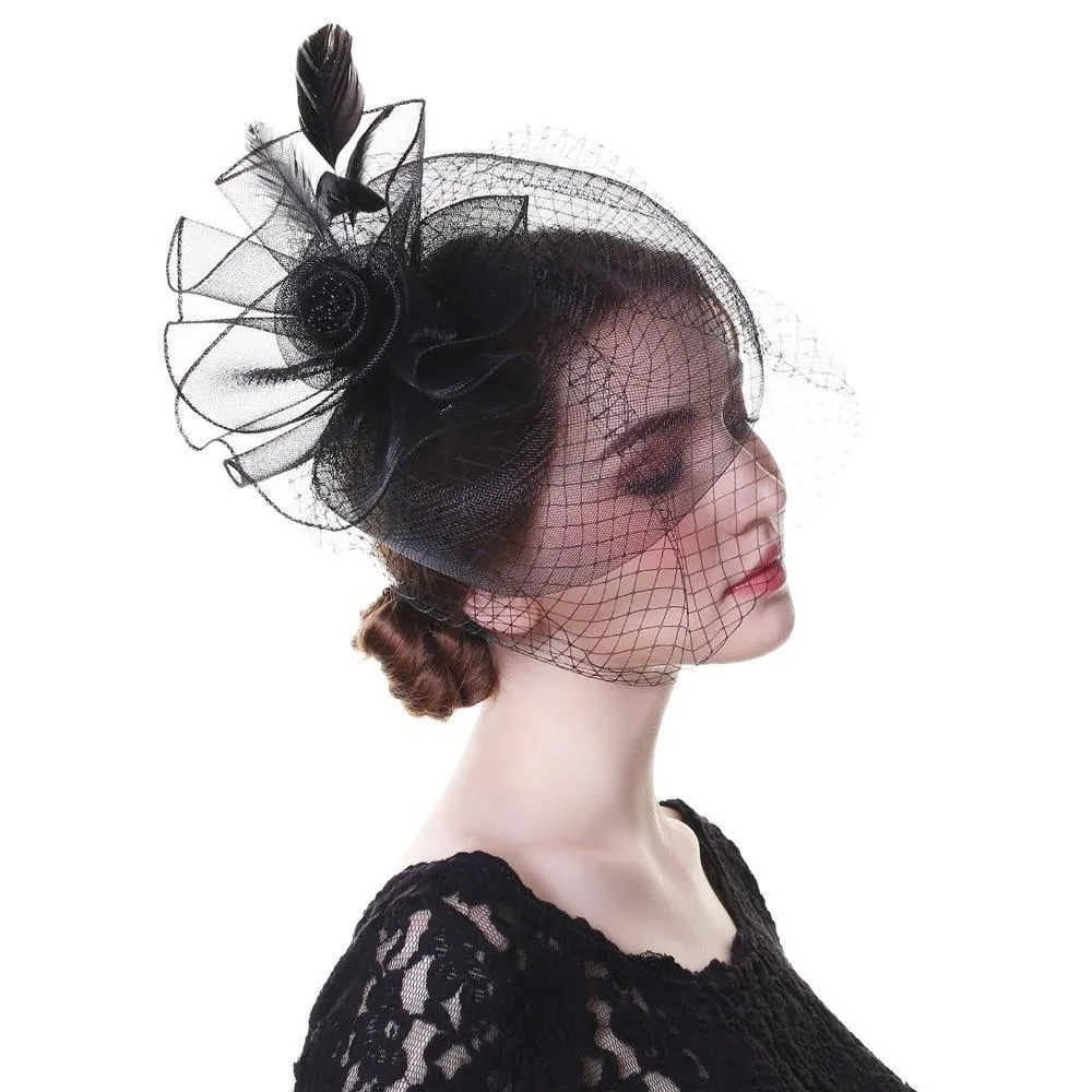 Black Beaded Flower Pillbox Fascinator Hat with Netted Veil and Feathers