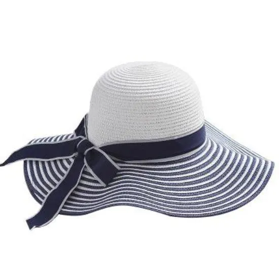 Black, Blue and White Striped Straw Sun Floppy Hat with Bowknot