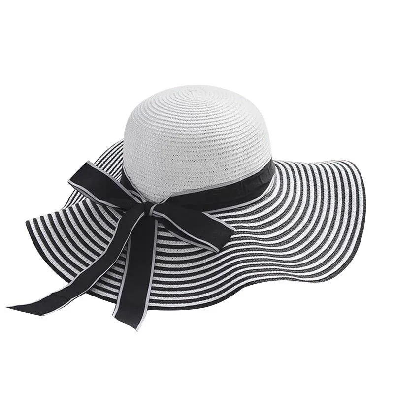 Black, Blue and White Striped Straw Sun Floppy Hat with Bowknot