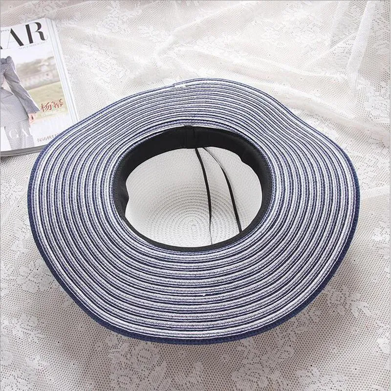 Black, Blue and White Striped Straw Sun Floppy Hat with Bowknot