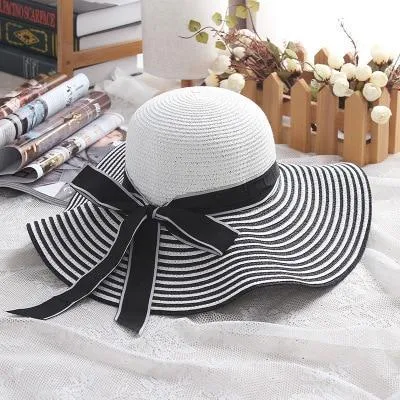 Black, Blue and White Striped Straw Sun Floppy Hat with Bowknot