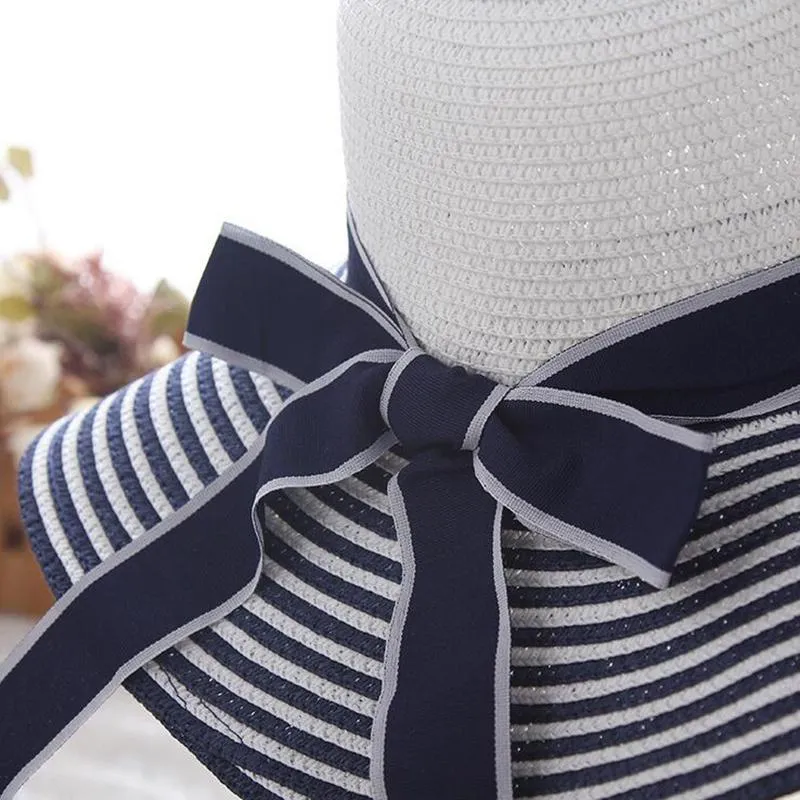 Black, Blue and White Striped Straw Sun Floppy Hat with Bowknot