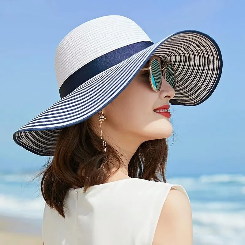 Black, Blue and White Striped Straw Sun Floppy Hat with Bowknot