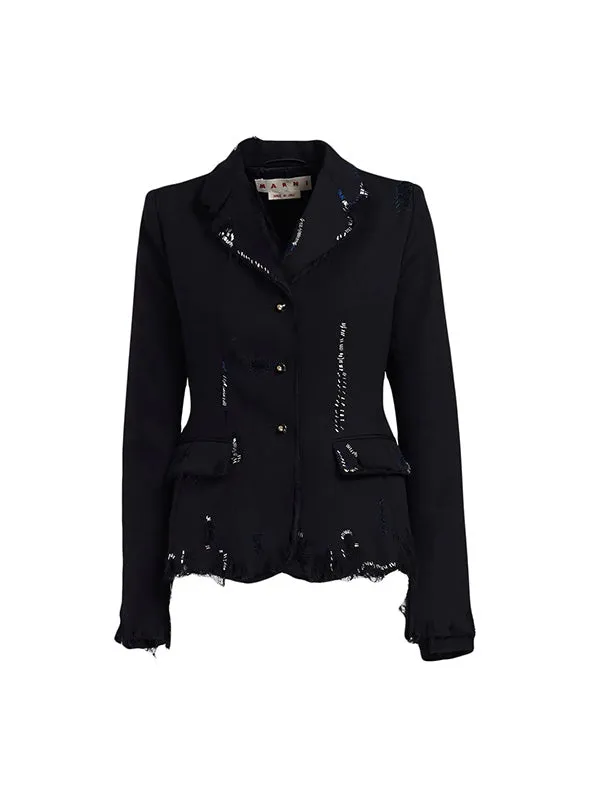 Black Fitted Wool Blazer with Embroidery