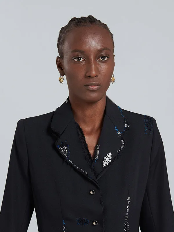 Black Fitted Wool Blazer with Embroidery