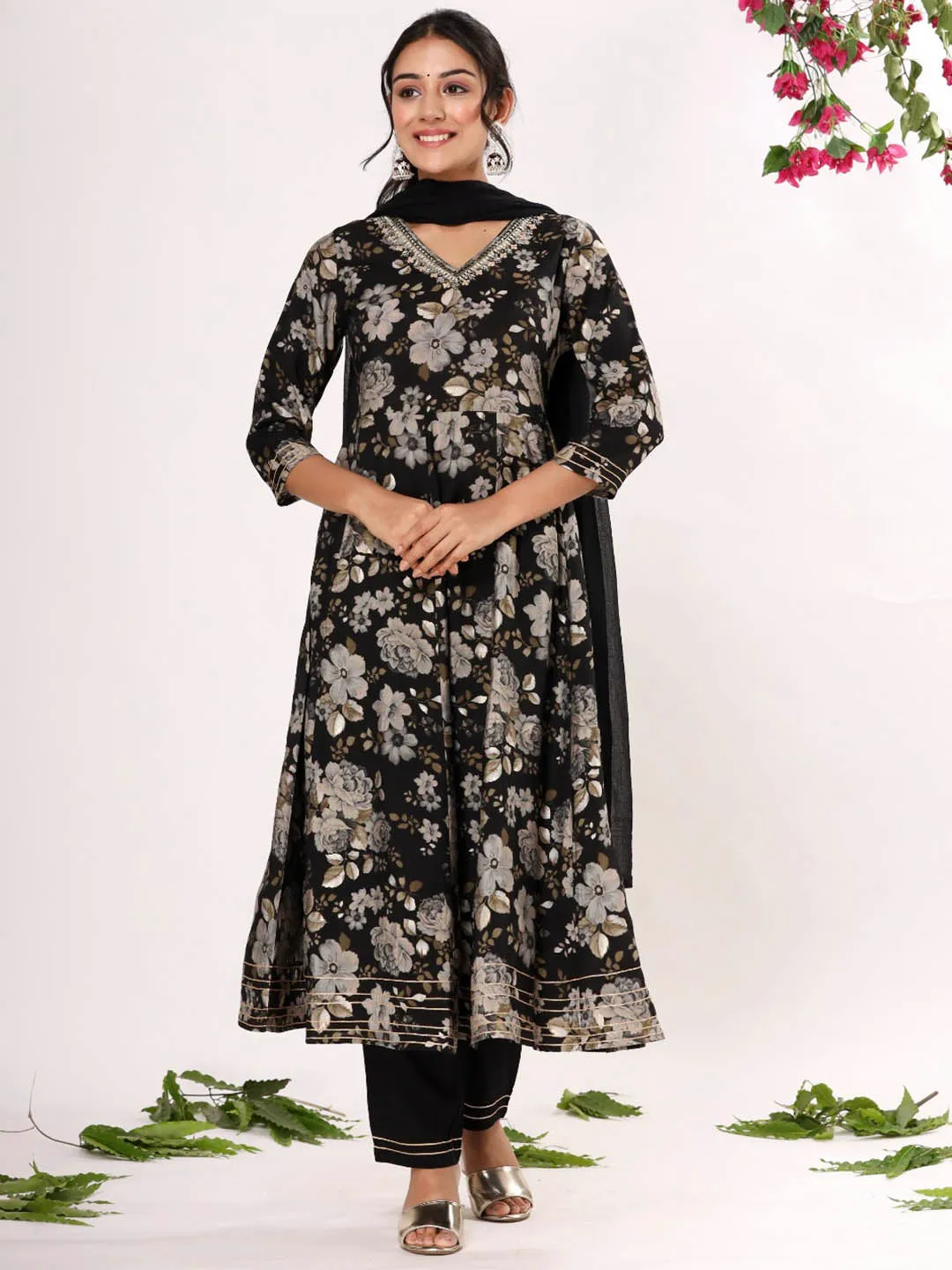 Black Floral Print A-line Kurta Set