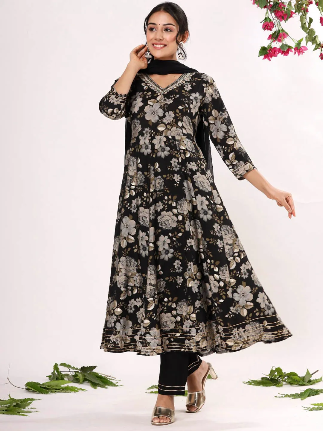 Black Floral Print A-line Kurta Set