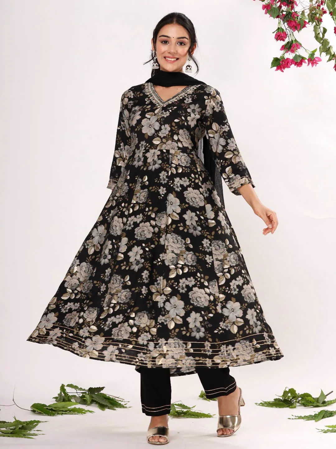 Black Floral Print A-line Kurta Set