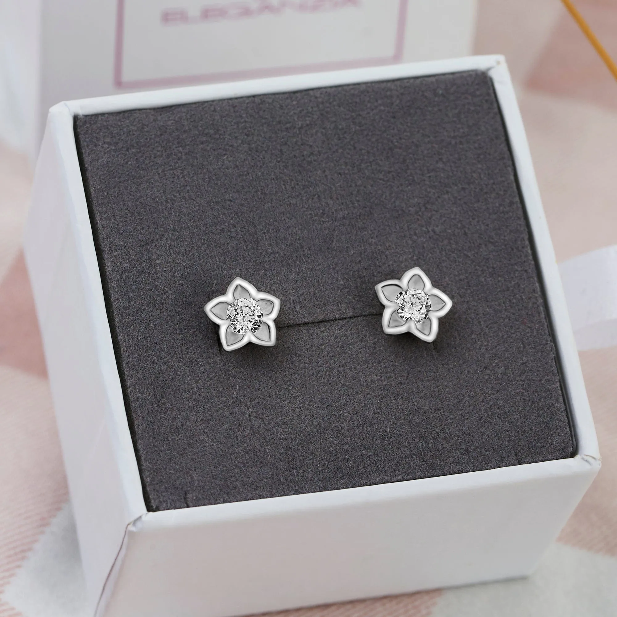 Blooming Cubic Zirconia Flower Stud Earrings Silver