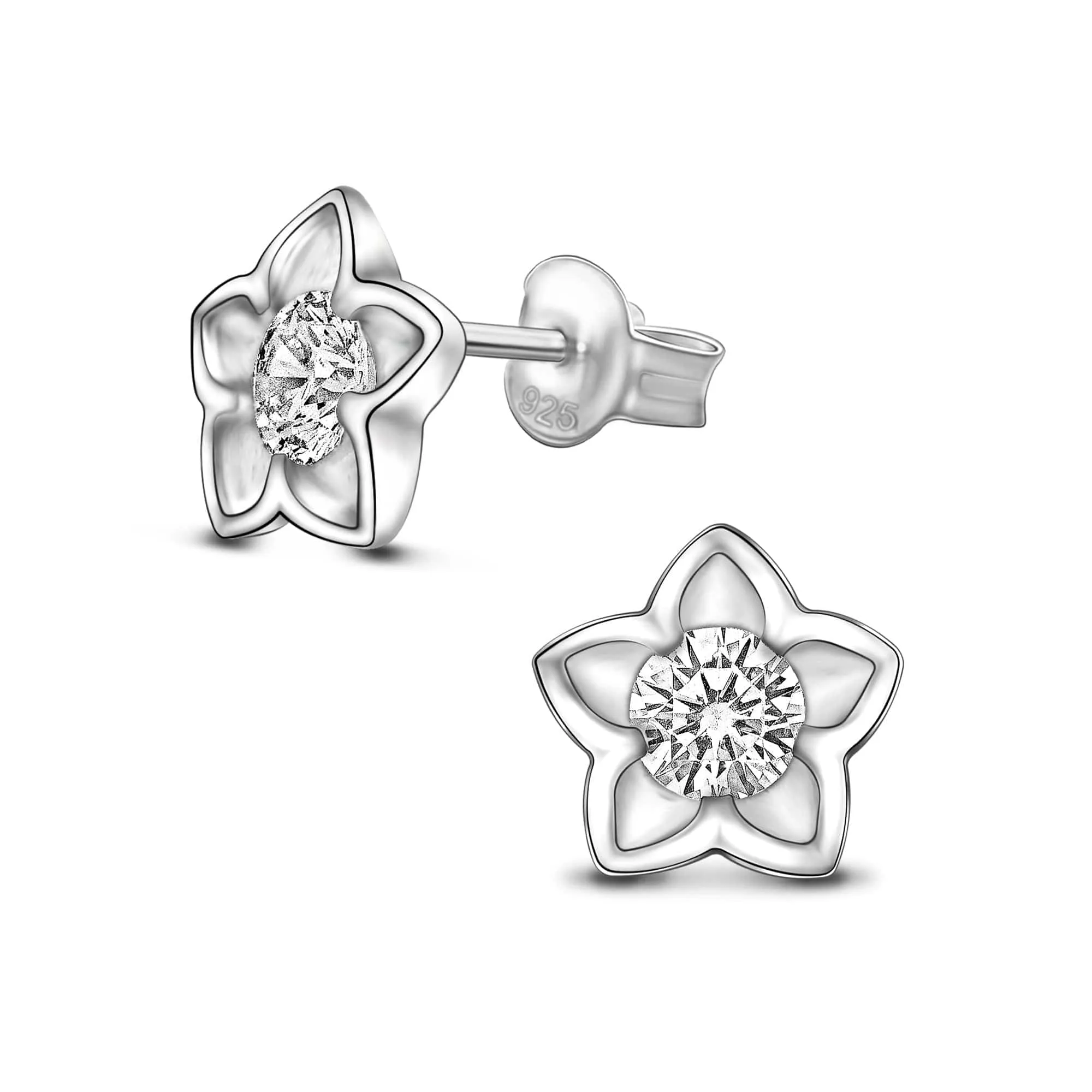 Blooming Cubic Zirconia Flower Stud Earrings Silver