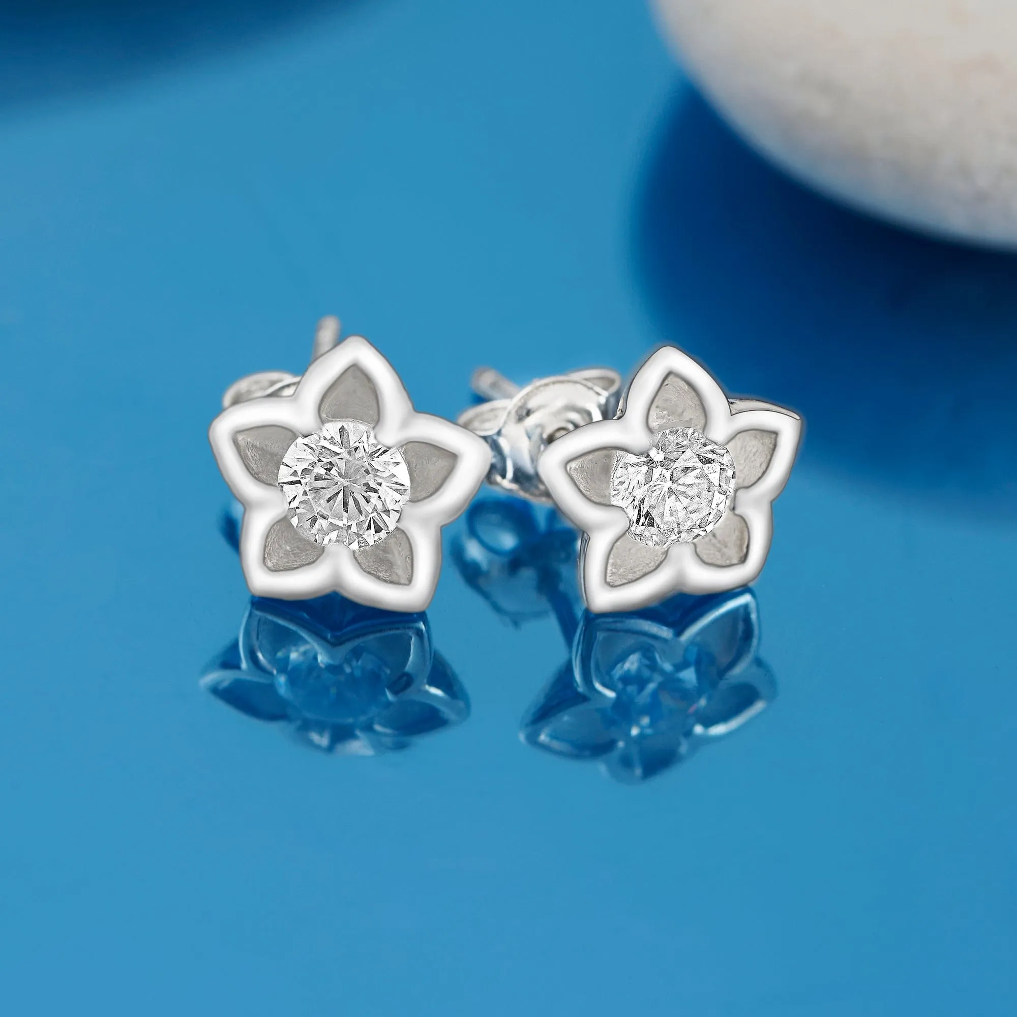 Blooming Cubic Zirconia Flower Stud Earrings Silver