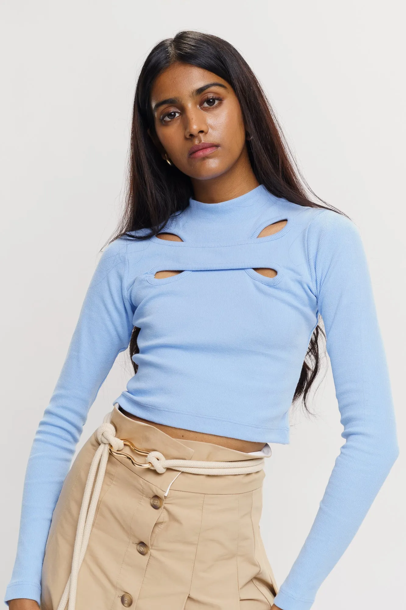 Blue Full Sleeved Ribbed Top