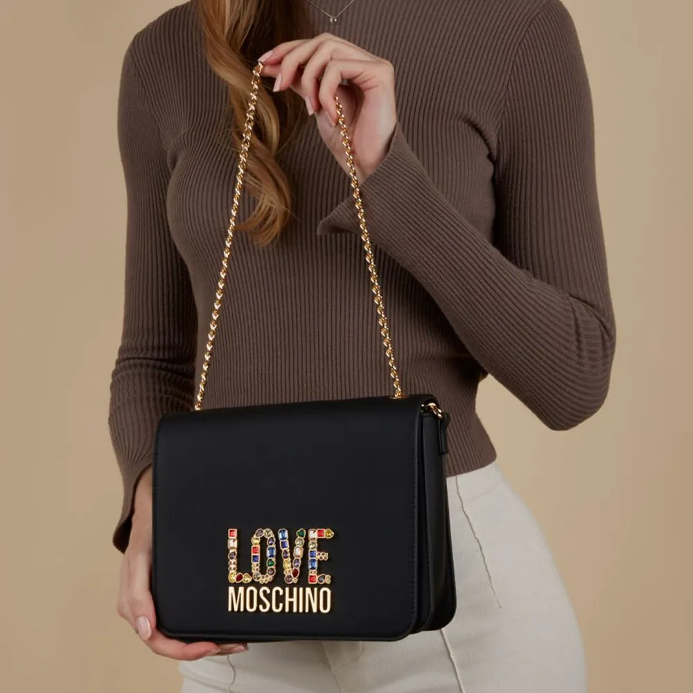 Borsa Donna a Spalla LOVE MOSCHINO linea Rhinestone Logo colore Nero