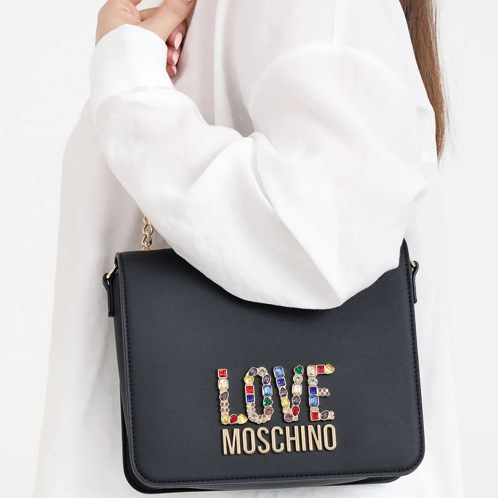 Borsa Donna a Spalla LOVE MOSCHINO linea Rhinestone Logo colore Nero