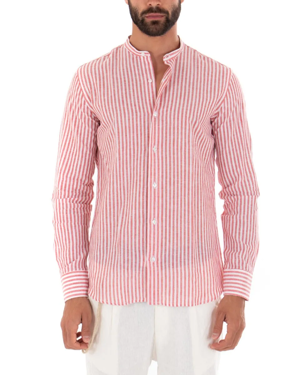 Camicia Uomo Riga Sottile Collo Coreano Manica Lunga Lino Sartoriale Rosso GIOSAL-C2015A