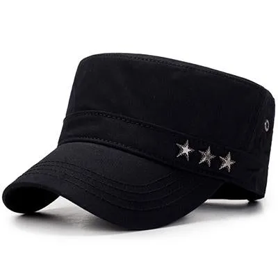 Casual Buckled Adjustable Snapback Cadet Patrol Military Hat with Three Stars Emblem