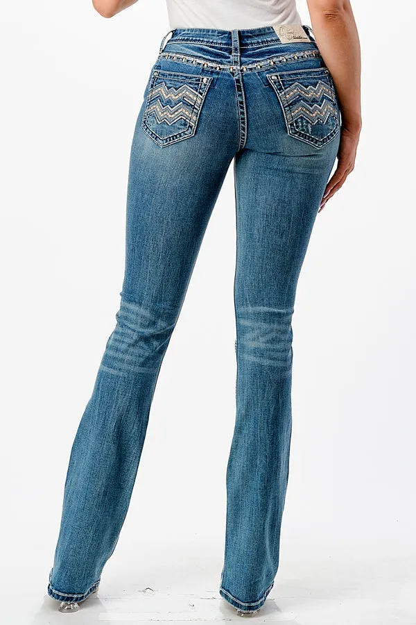 Chevron Embellishment Mid Rise Bootcut Jeans