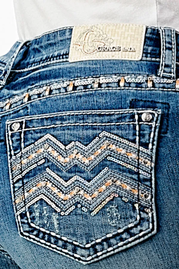 Chevron Embellishment Mid Rise Bootcut Jeans