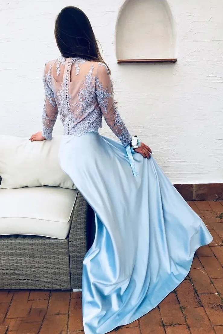 Chic Two Piece Blue Party Gowns Lace Long Sleeves A Line Prom Dresses