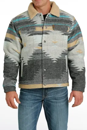 'Cinch' Men's Aztec Sherpa Lined Trucker Jacket - Grey / Turquoise