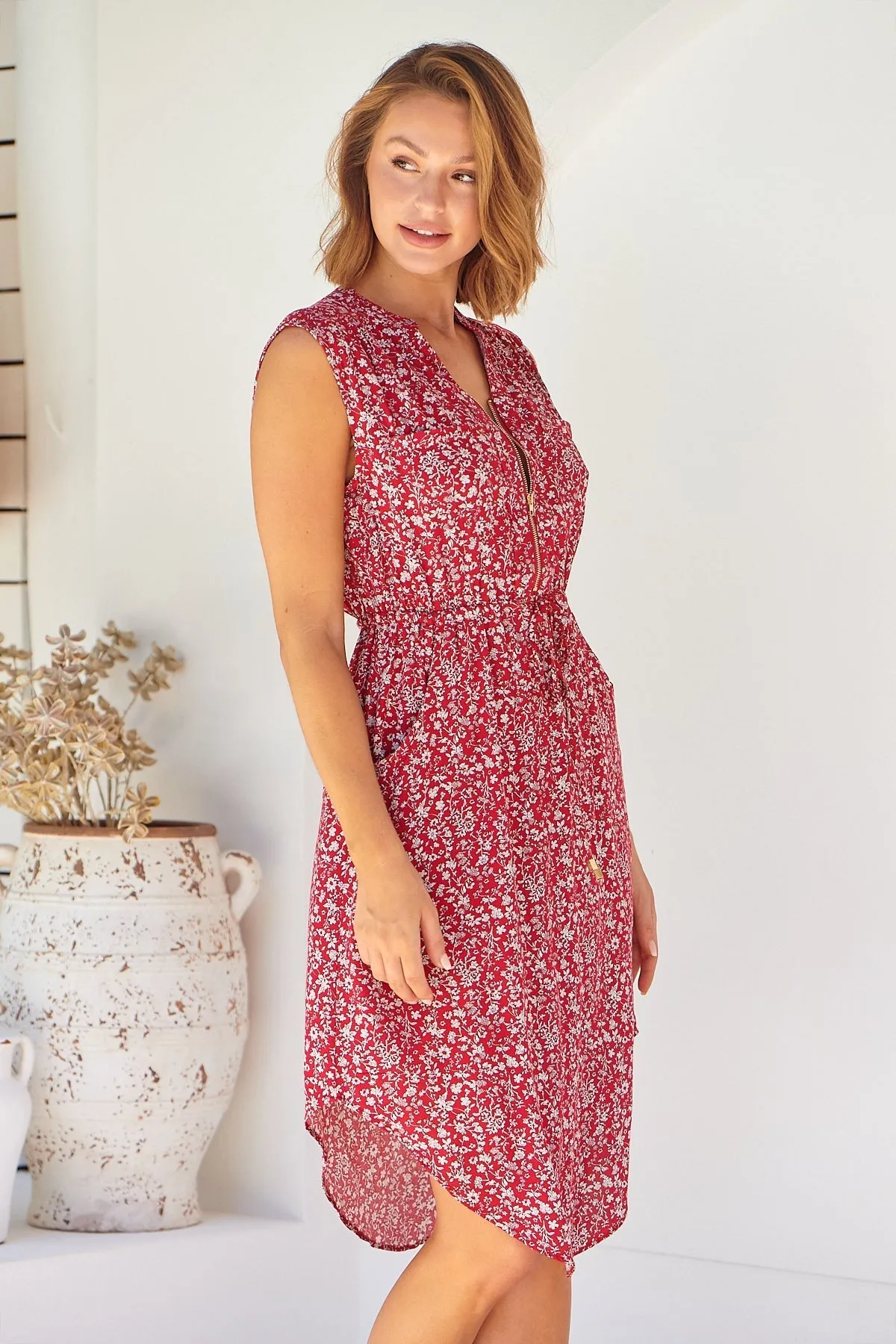 Cleo Midi Red Floral Zip Front Dress