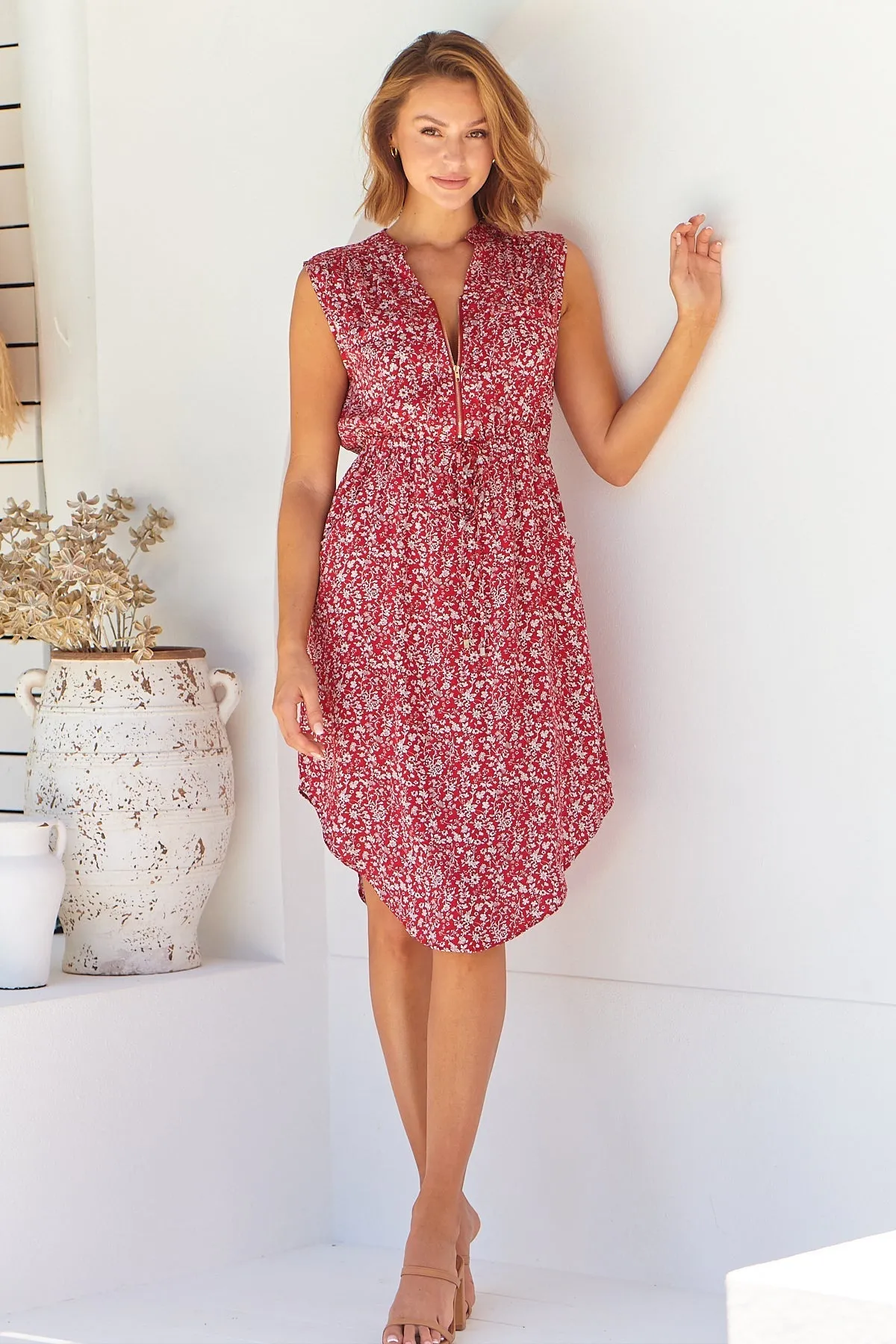 Cleo Midi Red Floral Zip Front Dress