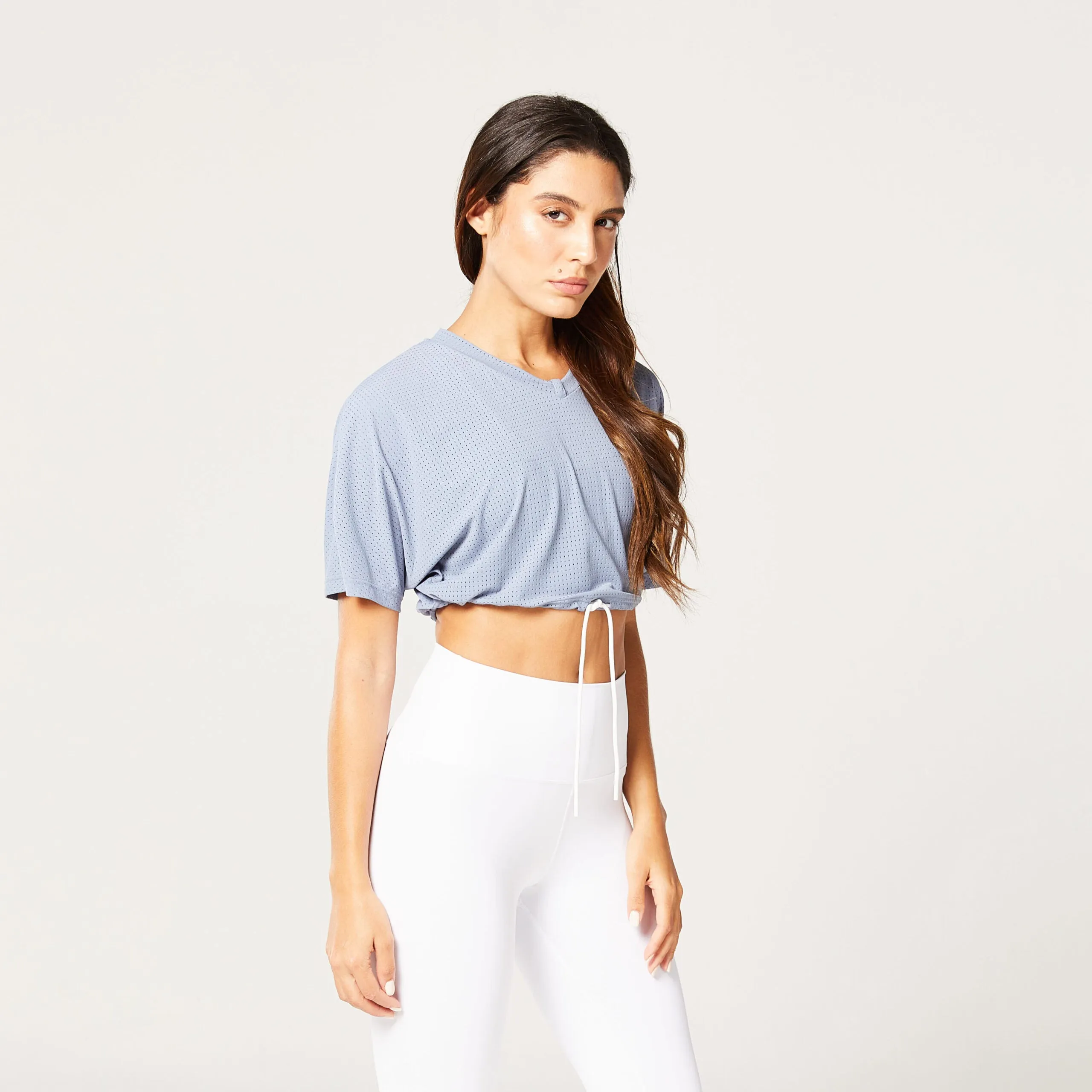 Code Cropped Drawstring Tee - Grey Blue