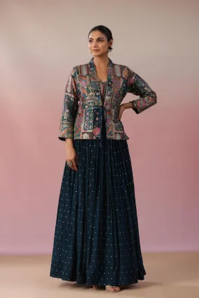 Dark Teal Embroidered Chinon Silk Skirt Set