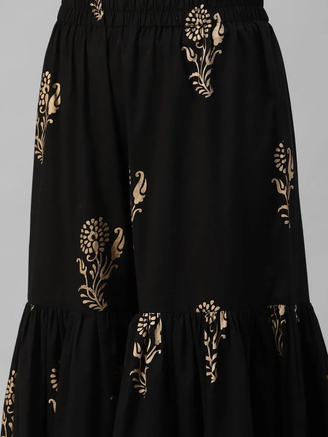 Divena Black Gold Printed Cotton Kurta Sharara Set with Dupatta