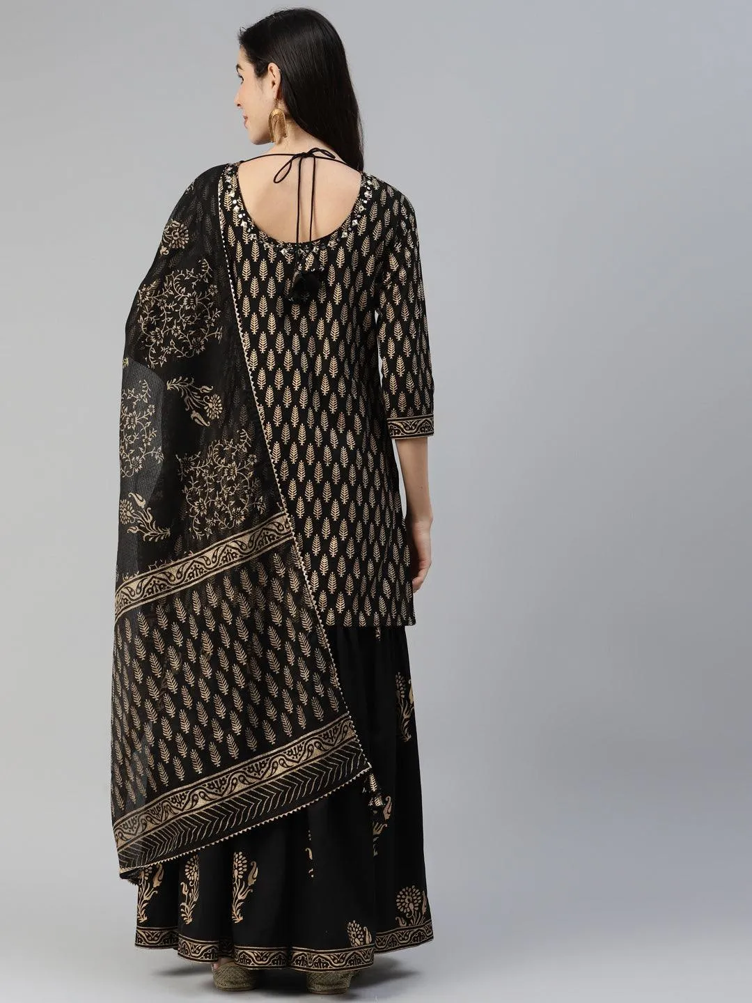 Divena Black Gold Printed Cotton Kurta Sharara Set with Dupatta