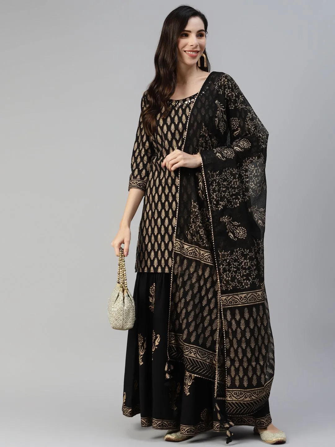 Divena Black Gold Printed Cotton Kurta Sharara Set with Dupatta