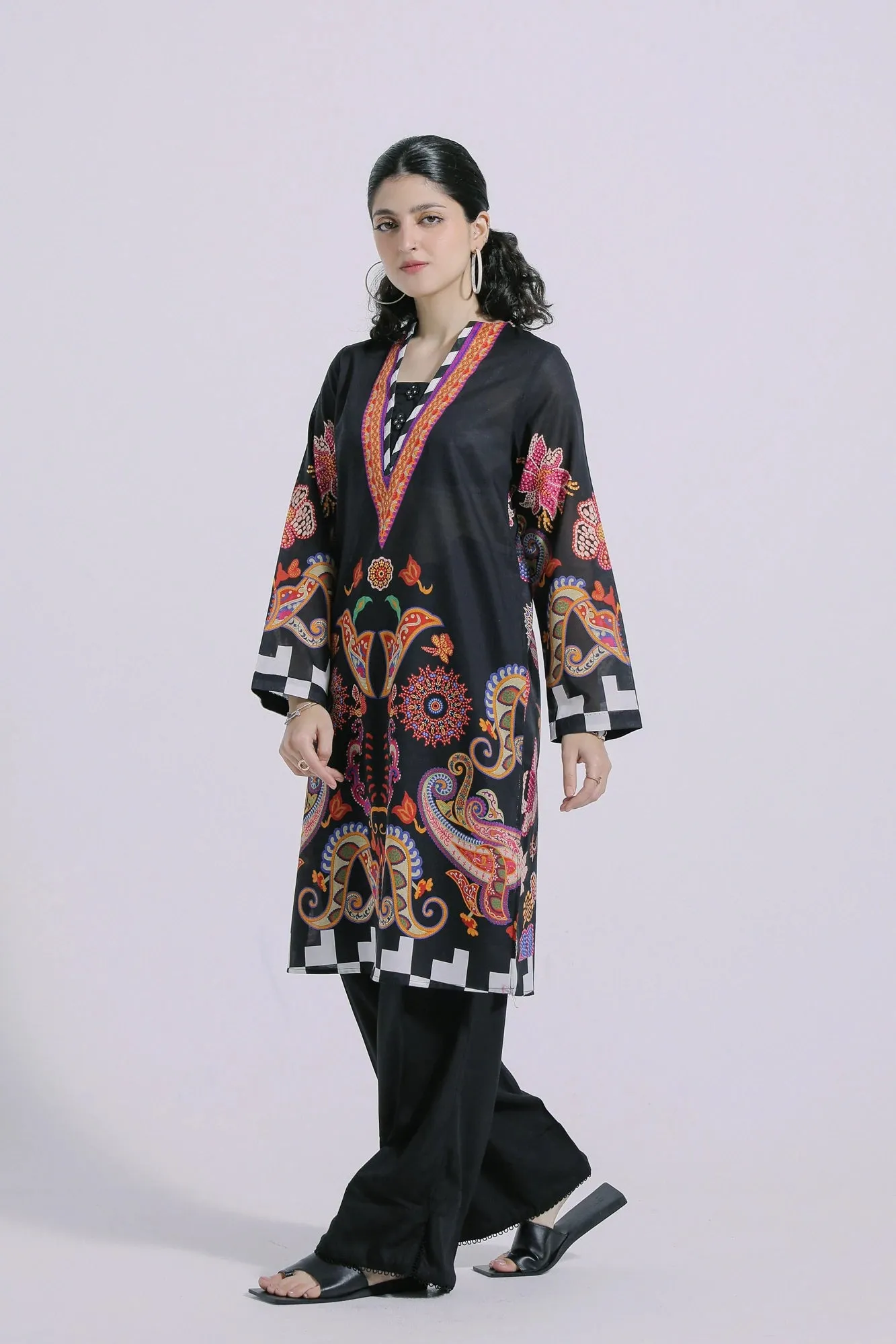 Ethnic Black Printed Lawn Shirt