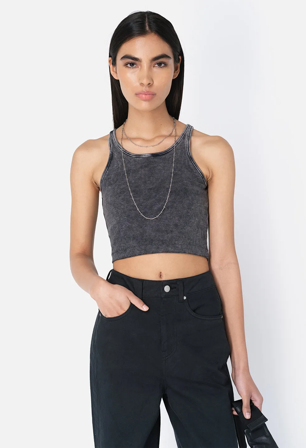 Gemini Rib Cropped Tank / Mineral Wash Black