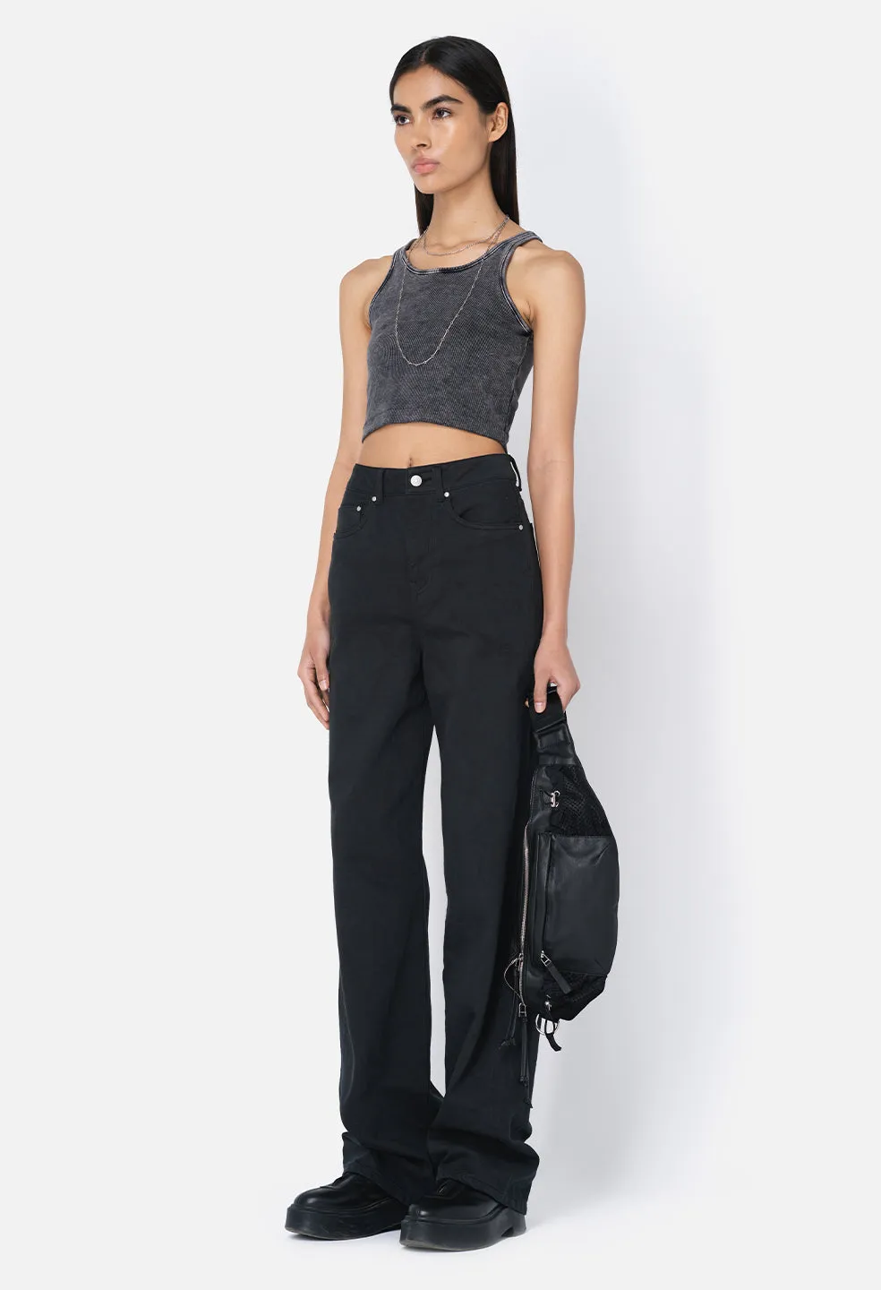 Gemini Rib Cropped Tank / Mineral Wash Black